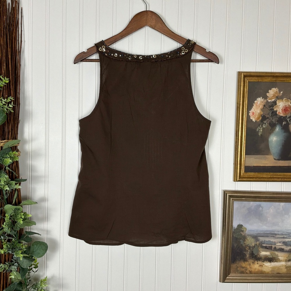 Venezia Sleeveless Tank Top Womens Size 14 Brown Excellent Beaded V-Neck Cotton - Picture 4 of 6